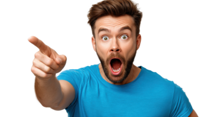 Shocked Man Pointing: A close-up shot of a surprised individual with a pointed finger, embodying a moment of sudden realization, and astonishment, is captured in a studio.