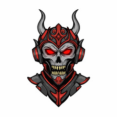 Skull with red glowing eyes and decorative horned helmet