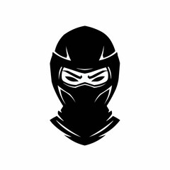 Stylized black helmeted figure looks intensely forward on a white background