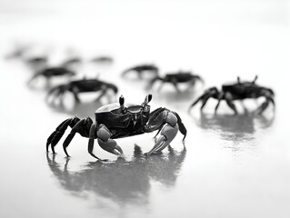 Fototapeta premium A group of small crabs walks in a line on a wet sandy beach reflecting in the water.