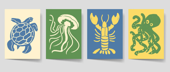 Vintage summer poster set, Ocean animal flyer bohemian style for print. Beach poster template bundle. Mid century graphic collection