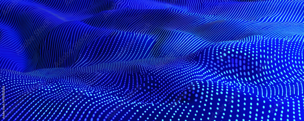 Poster abstract digital landscape with flowing blue lines and glowing dots representing data visualization 