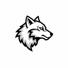Graphic, black and white wolf head illustration with focused, striking gaze