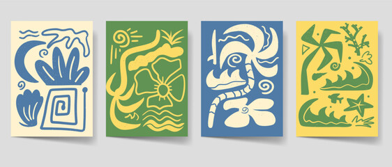 Vintage summer poster set, Flyer bohemian style for print. Beach poster template bundle. Mid century graphic collection