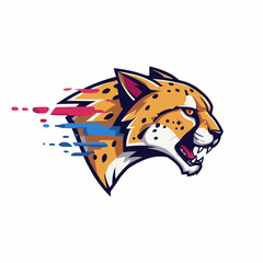 Abstract depiction of a cheetah head, showing speed via colorful streaks on white