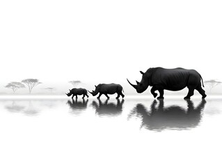Fototapeta premium A family of three rhinos walks gracefully across a tranquil African savanna reflecting in the still water.