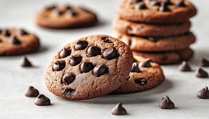Fototapeta premium Stacked chocolate-chip cookies with scattered chips on a gray surface.