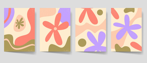 Abstract vintage summer flowers poster set, Flyer bohemian style for print. Beach poster template bundle. Mid century graphic collection