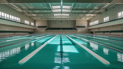 Indoor Olympic-size pool, empty, sunlight, high ceiling, competition