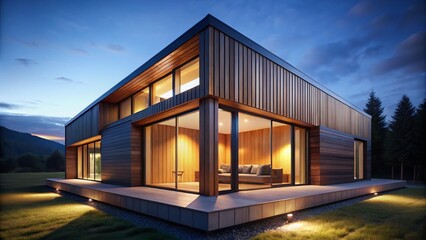 Fototapeta premium Modern Wooden House Window Night Photography - Illuminated Interior Design