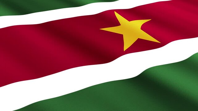 Suriname Flag Waving Gently in the Wind, Close-Up Full-Frame Perspective, Soft Fabric Texture, Slow Motion, Natural Movement, Waving Flag Background