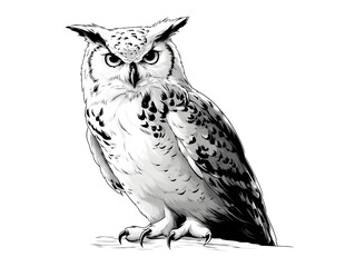 Obraz premium A majestic great horned owl perched majestically on a branch stares intensely with eyes and powerful talons in detailed black and white