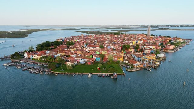 Aerial View Of Burano Island And Venetian Lagoon At Sunset In Venice, Italy.
