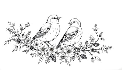 Two birds perched on a floral  adorned branch, depicted in a delicate black  and  white line drawing. 