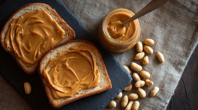 Two slices of whole-wheat bread topped with creamy peanut butter, alongside a glass jar of peanut butter and scattered peanuts - Powered by Adobe
