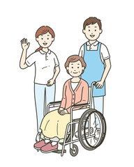 車椅子に座る高齢女性と介助をする介護士男女のイラストセット

