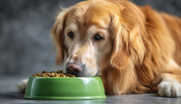 Golden Retriever Dog Eating Food from Green Bowl in Indoor Setting