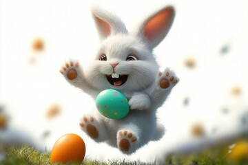 Fototapeta premium Happy white bunny joyfully jumping in the grass holding a decorated Easter egg with colorful spots and another orange egg nearby