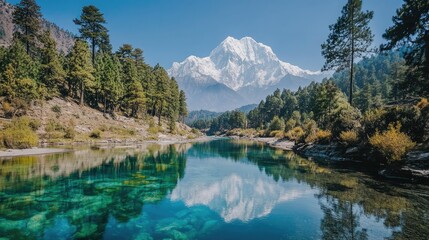 Fototapeta premium Serene Mountain Landscape with Clear River and Lush Green Forest