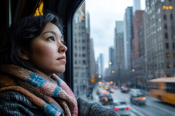 A quiet bus ride through a new city with unfamiliar sights A person is looking out the window thinking about their new life The mood is quiet and reflective