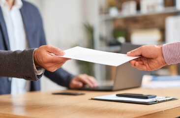 Handing Over Document at Office Desk with Laptop and Notepad