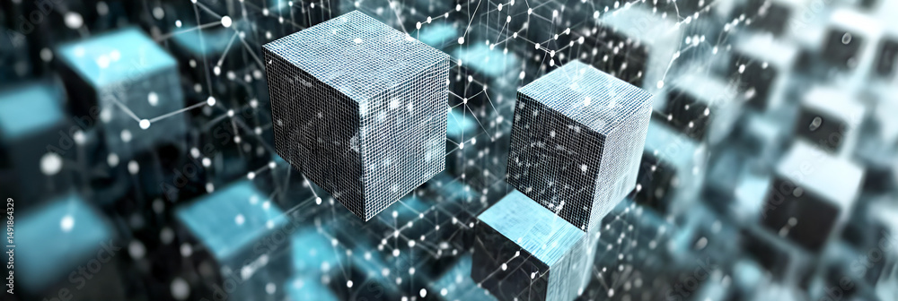 Poster futuristic digital data cubes connected by lines representing information flow in a modern abstract 