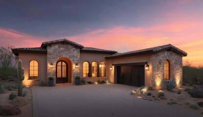 Elegant Desert Home at Sunset with Beautiful Landscaping Shadows