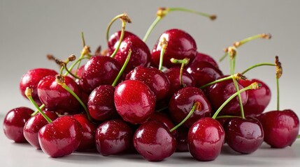 Fresh, juicy cherries, wet with dew drops
