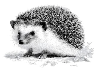 Obraz premium A detailed pencil sketch of a cute hedgehog sitting on the ground looking slightly to the left.