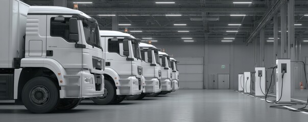 Fleet of Electric Trucks in Charging Station within Modern Warehouse