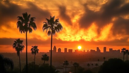 City skyline sunset with palm trees and water reflection.