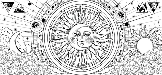 Mystical astrological coloring book for adults with moon and sun, universe hand drawing, vector esoteric zodiac poster, horoscope, tarot.