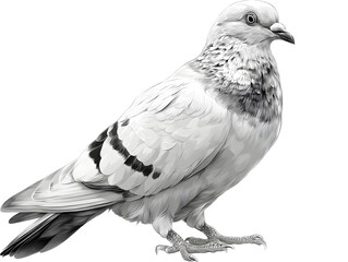 A detailed pencil sketch of a beautiful white pigeon with black markings stands on a white background.