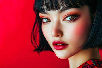 Fototapeta premium Portrait of beautiful japanese women with red background