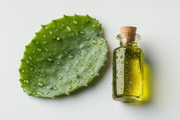 A vibrant green prickly pear leaf rests beside a small, glass bottle filled with a translucent, yellowish-green oil; both are adorned with water droplets on a white background