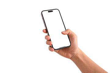 Hand using smartphone with blank screen isolated. Premium high quality studio shot. Concept for technology, business, finance and advertising.