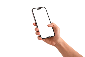 Hand using smartphone with blank screen isolated. Premium high quality studio shot. Concept for technology, business, finance and advertising.
