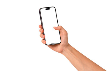 Hand using smartphone with blank screen isolated. Premium high quality studio shot. Concept for technology, business, finance and advertising.