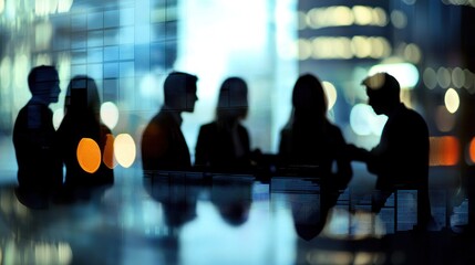 Silhouetted Business Meeting at Night: City Lights Reflecting on Glass