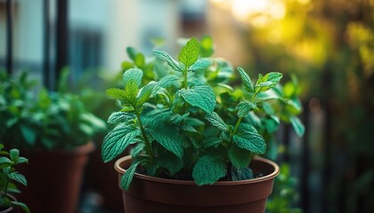 Potted mint plants on balcony with urban buildings.
