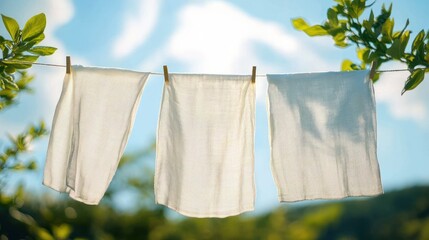 Three white cloths hanging on a clothesline outdoors with blue sky and green foliage background on a sunny day