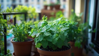 Potted mint plants on balcony with urban buildings.