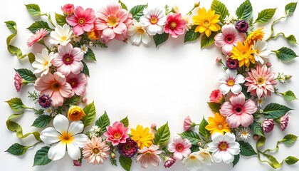 A colorful floral frame made of various flowers and green leaves on a white background. 