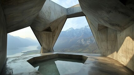 Concrete architectural structure overlooking a mountain lake