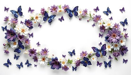 An oval  shaped frame of purple and white flowers with blue butterflies on a white background. 