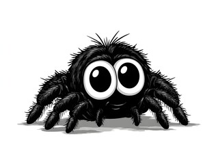 A cute cartoon illustration of a fluffy black spider with big round eyes looking directly at the viewer on white background.
