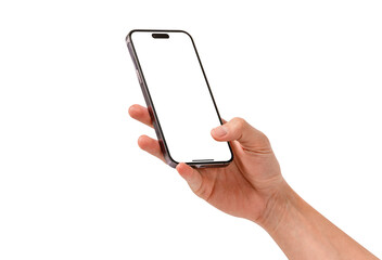 Hand using smartphone with blank screen isolated. Premium high quality studio shot. Concept for technology, business, finance and advertising.