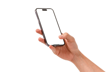 Hand using smartphone with blank screen isolated. Premium high quality studio shot. Concept for technology, business, finance and advertising.