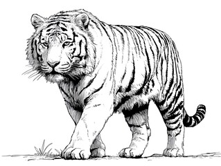 Obraz premium A majestic Siberian tiger strides forward in a detailed hand-drawn illustration showcasing its powerful presence and incredible detail.