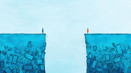 Conceptual image showing two people standing opposite cliffs separated by gap filled with digital devices, evoking isolation